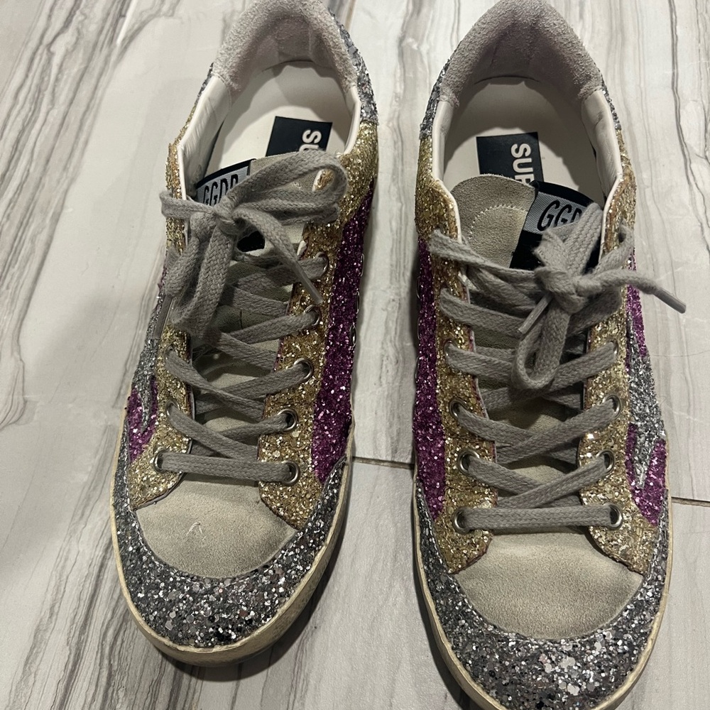 Golden goose glitter purple silver and gold sneakers